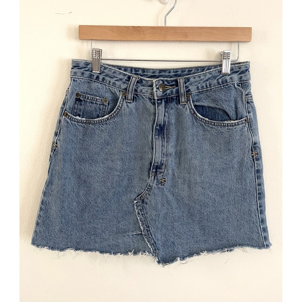 KSUBI Hi Line Mini Skirt Bae Blue Raw Hem 100% Cotton Size 28